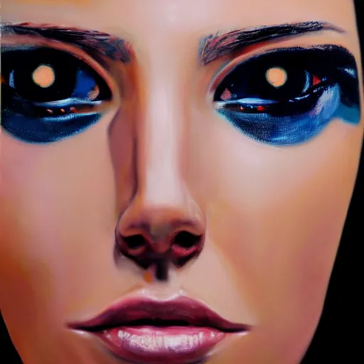 Prompt: cyborg fashion model close - up, hyperrealism oil painting, matte