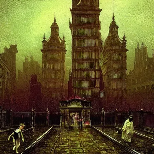 Image similar to gigantic eldritch aliens attack Victorian London. People screaming and running, in the style of john atkinson grimshaw