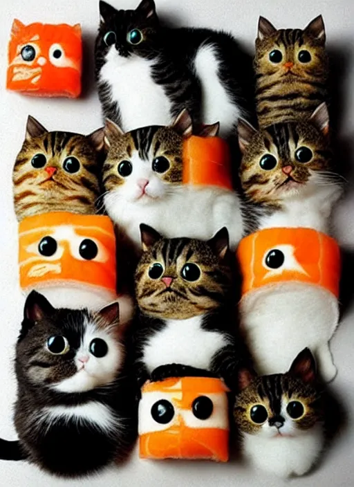 Image similar to clear photorealistic picture of adorable cats made out of sushi