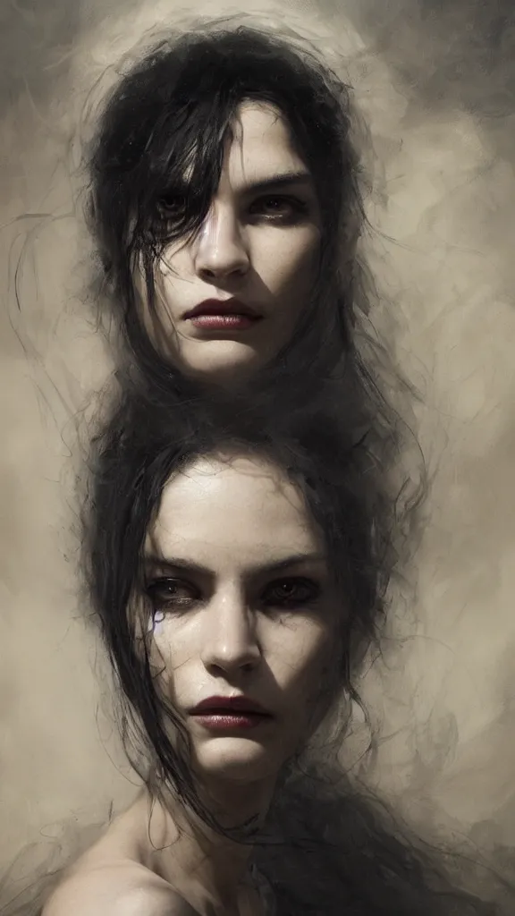 Prompt: face of a beautiful woman with very black hair, intimidating woman, large black eyes, high forehead, smooth pale skin, ethereal skin, ominous, eldritch. oil painting by nuri iyem, james gurney, james jean, greg rutkowski, highly detailed, soft lighting, chiaroscuro