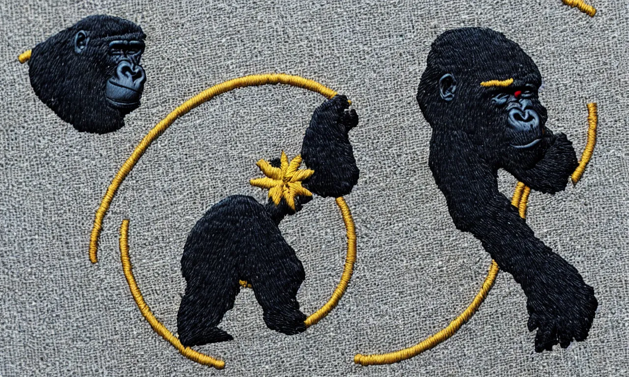 Prompt: a gorilla climbing a radio communications tower. round, circular embroidered us radar corps patch 8 k /