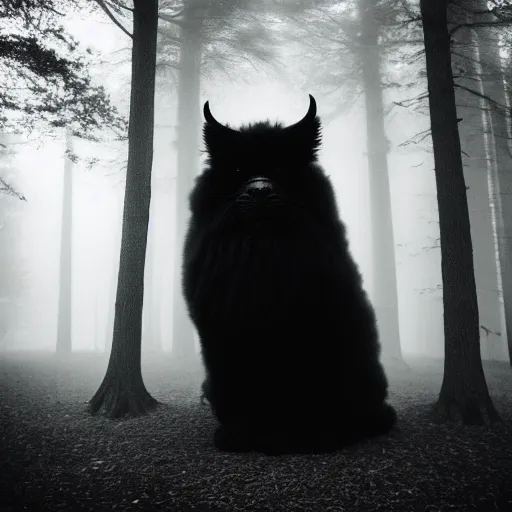 Image similar to giant black fluffy demon in the centre of misty forest, monochrome lomography