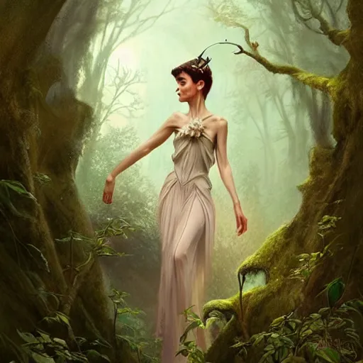 Image similar to audrey hepburn as a winged fairy in a fantasy forest, various backgrounds, highly detailed, digital painting, artstation, matte, illustration, art by artgerm, greg rutkowski, tom bagshaw