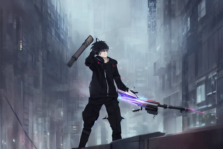 Image similar to anime young guy in black jacket pointing a railgun at a building, wlop, concept art, digital painting, trending on artstation, highly detailed, epic composition, 8 k uhd