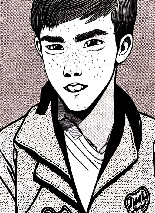 Image similar to portrait of teenage archie andrews, freckles, varsity jacket, intricate, highly detailed, illustration, art by junji ito, junji ito