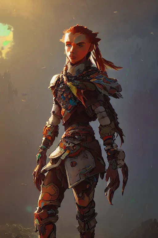 Image similar to combination suit armor aloy horizon forbidden west horizon zero dawn radiating a glowing aura global illumination ray tracing hdr fanart arstation by ian pesty and alena aenami artworks in 4 k tribal robot ninja mask helmet backpack