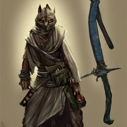 Prompt: dirty homeless khajiit with sword wearing rags, concept art, d & d, fantasy, trending on artstation