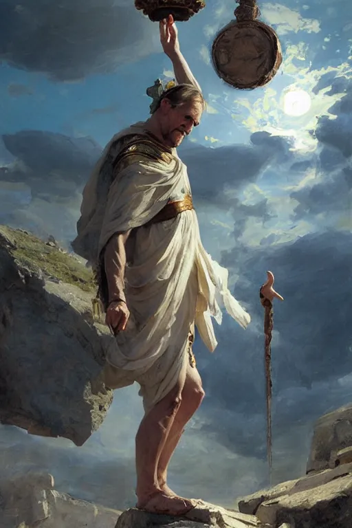 Image similar to ancient roman steve buscemi ascending wearing the civic crown while he levitates and hovers above the ground glowing with power small rocks and pebbles begin lifting off the ground around him, art by anders zorn, wonderful masterpiece by greg rutkowski, beautiful cinematic light, american romanticism by greg manchess, jessica rossier