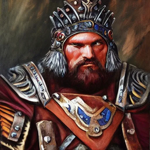 Image similar to a russian warrior who is wearing iron gauntlets in the shape of bear claws in the style of warhammer fantasy : : head and shoulders oil painting