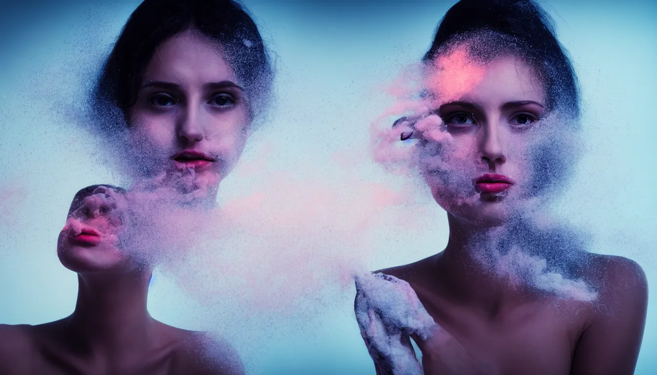 Image similar to humans , feedback loop , burst of powders ,volumetric lighting, twisting vapour, bellowing dust , emerging hands and beautiful woman’s face , full colour , upscale , 4k