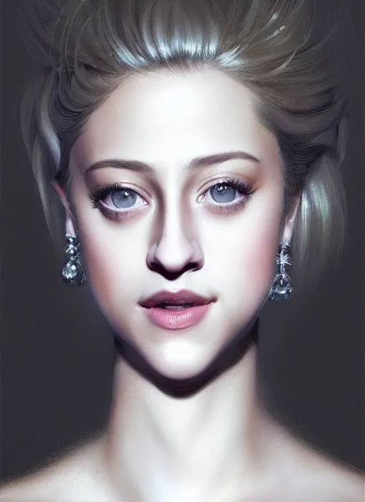 Image similar to portrait of lili reinhart with fluffy bangs, bangs, 1 9 6 0 s, ponytail, curly bangs and ponytail, rounder face, intricate, elegant, glowing lights, highly detailed, digital painting, artstation, concept art, smooth, sharp focus, illustration, art by wlop, mars ravelo and greg rutkowski