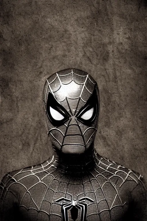 Prompt: spider - man, portrait, full body, symmetrical features, silver iodide, 1 8 8 0 photograph, sepia tone, aged paper, master prime lenses, sergio leone, cinematic