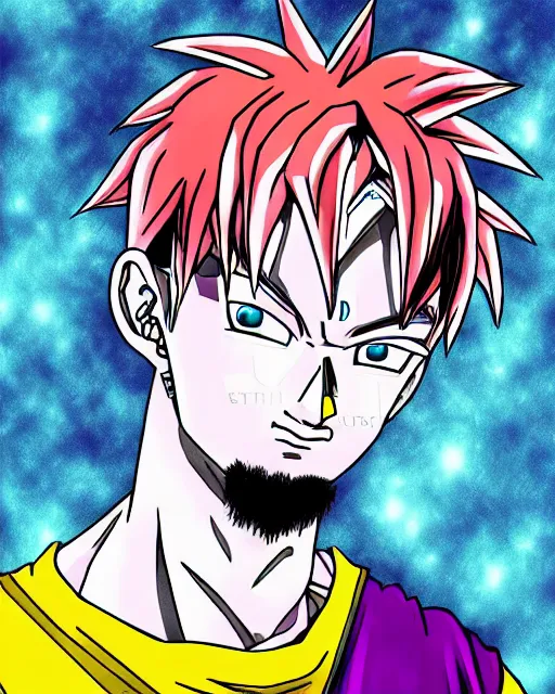 Image similar to lil peep rockstar sad rapper in the style of a dragon ball z character digital painting anime art