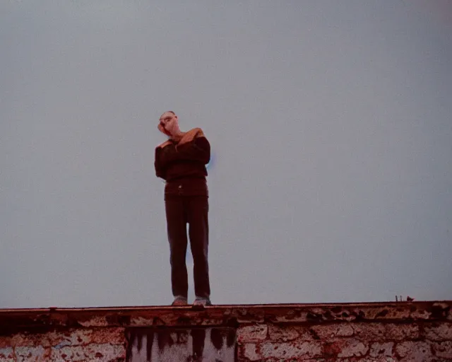 Image similar to lomo photo of man standing on the roof of soviet hrushevka, small town, cinestill, bokeh, out of focus