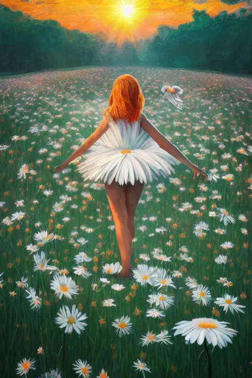 Image similar to giant white daisy flower as head, girl dancing in a flower field, surreal photography, sunrise, dramatic light, impressionist painting, colorful clouds, digital painting, artstation, simon stalenhag