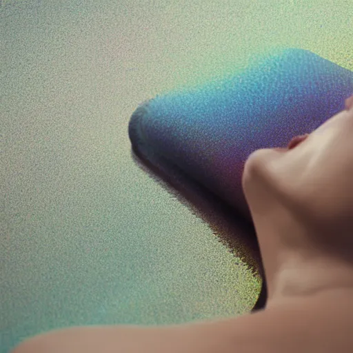 Prompt: close - up of iridiscent oil slick corpses connected by a transparent pipe to a wax form relaxing on yoga mat, faded, gradient, fog, smoke, depth of field, blur, very detailed, glitch, by nadav kander and hans bellmer, 8 k hyper realistic detailed cinematic