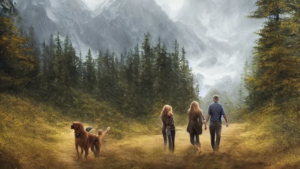 Image similar to “ one man, one women, one young boy, one golden retriever, walk on a trail in forest, mountains in the background, highly detailed, 4 k, by charlie bowater, by greg rutkowski ”