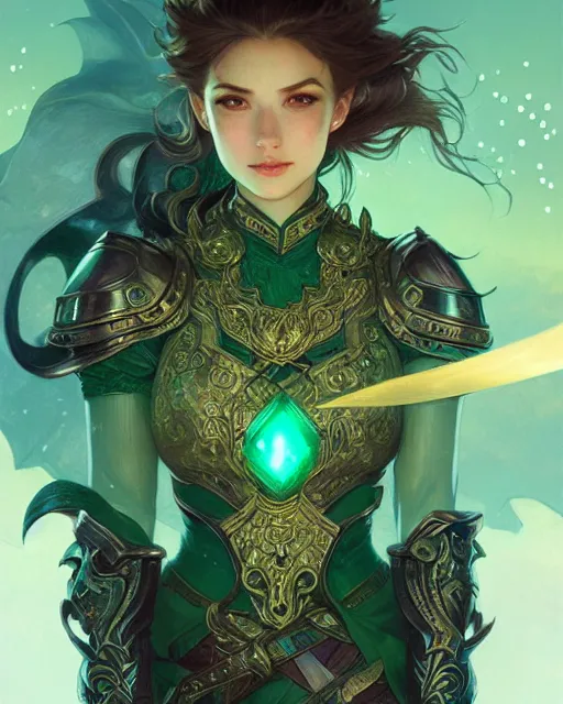 Prompt: Fantasy emerald knight, moonlit, HD, illustration, epic, D&D, fantasy, intricate, elegant, highly detailed, digital painting, artstation, concept art, smooth, sharp focus, illustration, art by artgerm and greg rutkowski and alphonse mucha, monster hunter illustrations art book