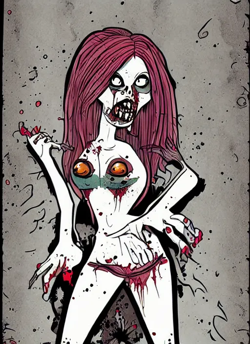 Image similar to zombie girl by matthieu cousin and wendy pini, pen and ink illustration, fine inking lines, flat colors, character design, concept art