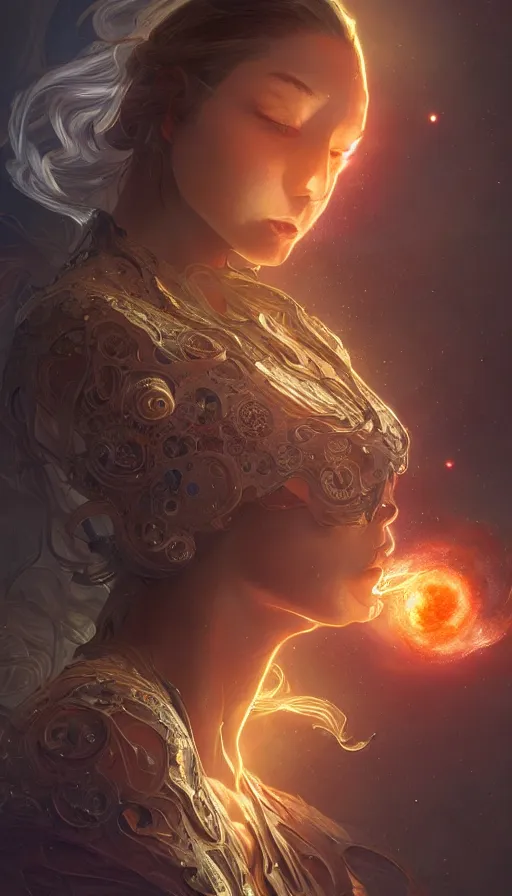 Image similar to supernova, fibonacci, sweaty, insane, intricate, highly detailed, digital painting, artstation, concept art, smooth, sharp focus, illustration, Unreal Engine 5, 8K, art by artgerm and greg rutkowski and alphonse mucha