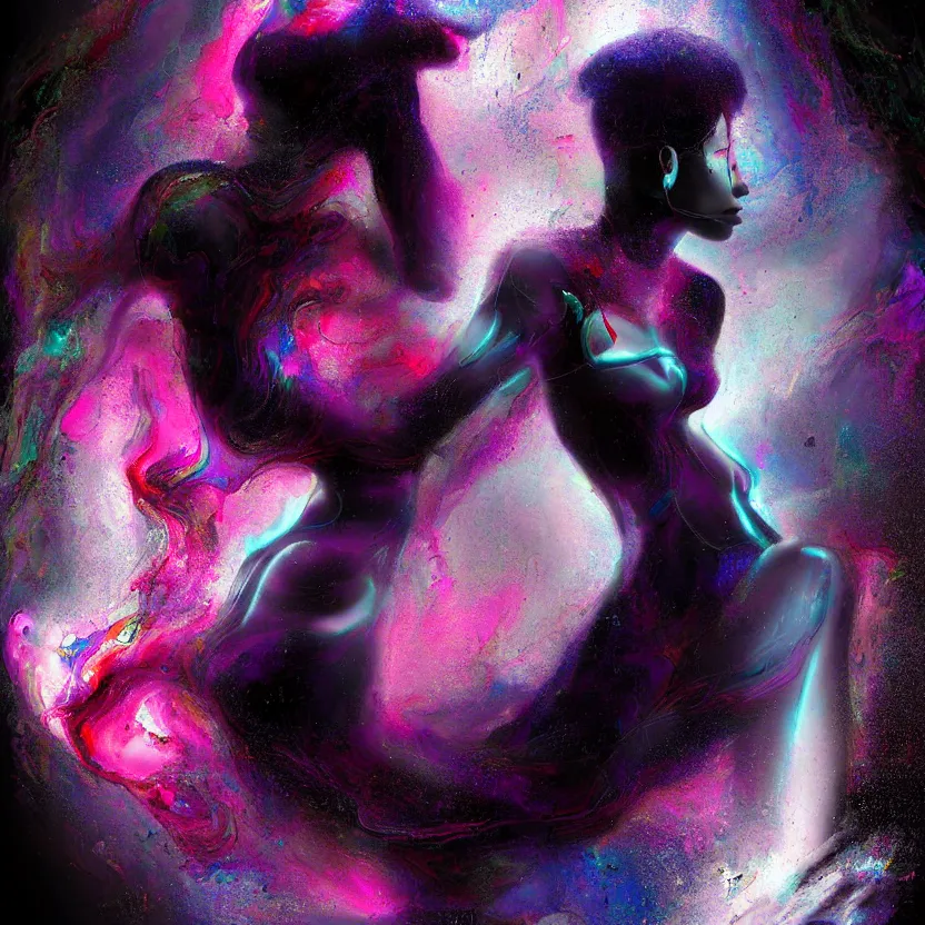 Image similar to a digital painting of a technomancer woman attached by love, floating into a dark void. surrounded by synthesized ai djinn hologram, an ultrafine detailed painting by alberto seveso, a silk screen by julian schnabel, featured on deviantart, modern european ink painting, photoillustration, impressionism, biomorphic, behance hd, lovecraftian