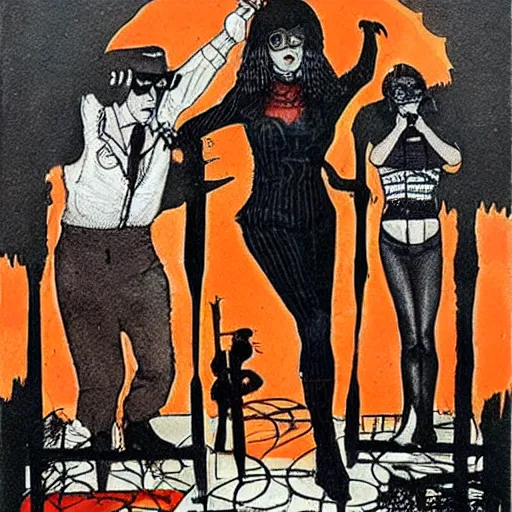Image similar to post - punk cabaret album cover, black, white, orange, psychedelic, new age, magic, enki bilal