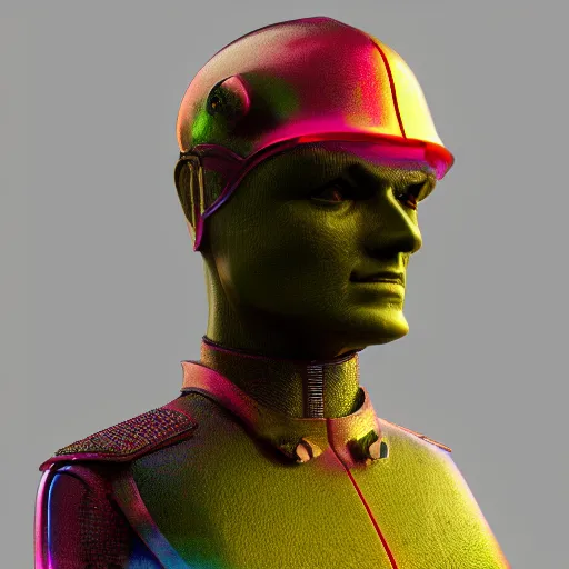 Image similar to hyperrealistic 3 d render of a colorful bust of knight with futuristic fashion elements created by ludvig holmen, brilliantly colored, kingdoms of ether, octane render, 3 d animated, unreal engine 5, volumetric lighting, hdr, cinematic atmosphere, smooth surface, 8 k