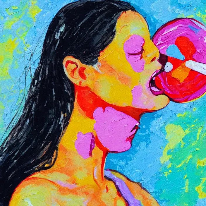 Image similar to portrait of beautiful woman licking a lollipop painted with colorful gouache impasto