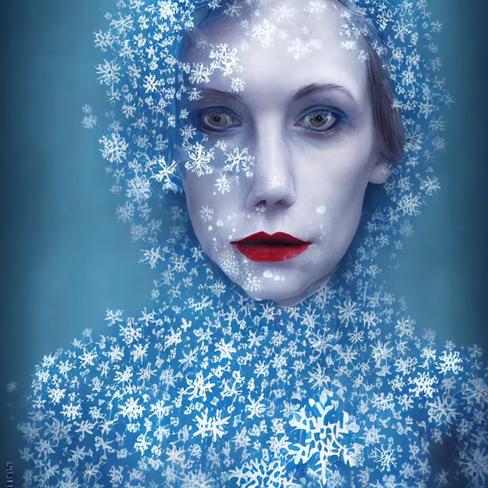 Image similar to a woman wearing a highneck dress made out of snowflakes. she is sickly looking and dying of hypothermia. very pale and blue lips. full body digital portrait by maromi sagi