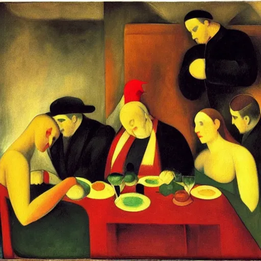 Image similar to by kathe kollwitz, by august macke awesome cardinal. a beautiful body art of a group of people gathered around a table in a tavern. they are all eating & drinking, & appear to be enjoying themselves.