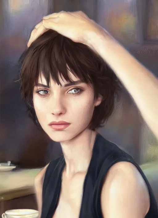 Prompt: british woman with short rich brunette hair, sitting at a cafe, vibrant hazel eyes, serious, freckles, black tanktop, in the style of stefan kostic, realistic, full body shot, sharp focus, 8 k high definition, insanely detailed, intricate, elegant, art by stanley lau and artgerm, makoto shinkai and lois van baarle f