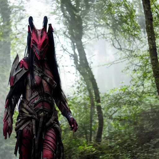 Image similar to High fantasy Yautja in the forests plains of north yorkshire, 4k, Predator Movie, dragon inspired armor