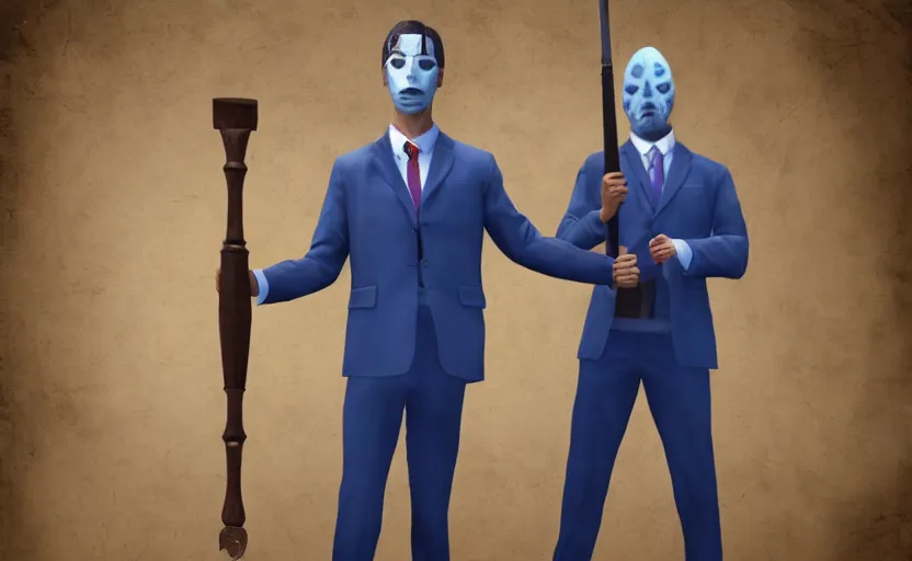 Image similar to cinematic view of a dead by daylight killer lawyer wearing a blue business suit with a gavel weapon, character portrait, digital art