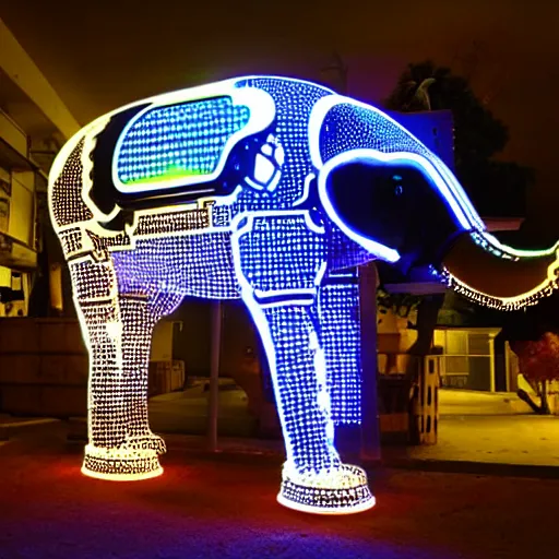 Prompt: a mechanical cybertronic elephant, glowing led tusks