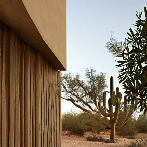 Image similar to desert house made from rammed earth and weathered steel, courtyard with cactus and palo verde trees, photorealistic, detailed, cinematic lighting