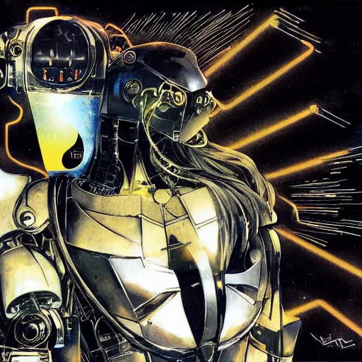 Prompt: the fullmetal neon robot sirius has a kernel without memory nor feelings, although he believes he is a god, oil on canvas by dave mckean and yoji shinkawa