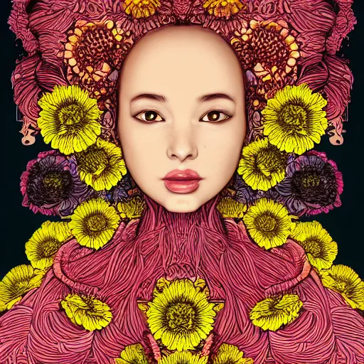 Image similar to the head of a beautiful woman partially made of bananas and chrysanthemums looking up, an ultrafine detailed illustration by james jean, final fantasy, intricate linework, bright colors, behance contest winner, vanitas, angular, altermodern, unreal engine 5 highly rendered, global illumination, radiant light, detailed and intricate environment