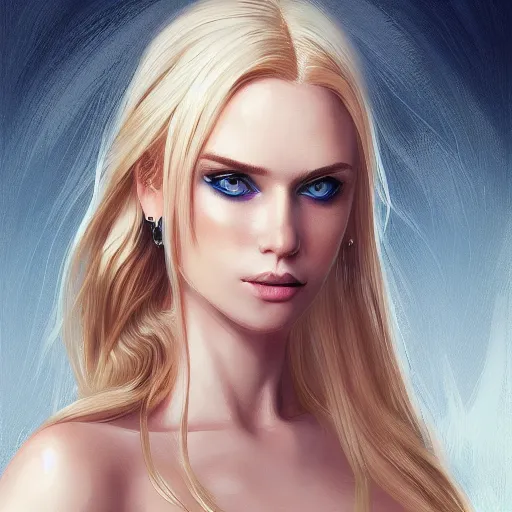 Image similar to portrait of a woman, long blonde hair, blue eyes, white dress, elegant, highly detailed, artstation, concept art, professional illustration,