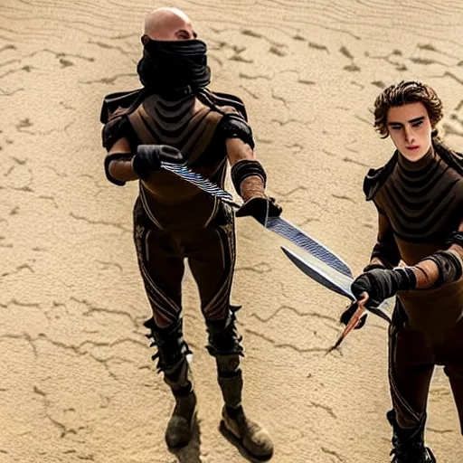 Prompt: Ultra detailed Cinematic knife combat between bald_hairless_Austin_Butler-dressed-in-black and Timothee_Chalamet_dressed-in-brown-felt, on a mosaic marble floor dais, film still from Dune 2020, intricately detailed