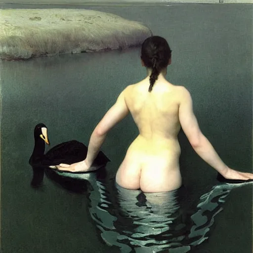 Image similar to black swans all mixed together in the dark waters. immersive perspective, interesting composition. concept art. highly detailed. by andrew wyeth, john dollman and william bouguereau-W 1024