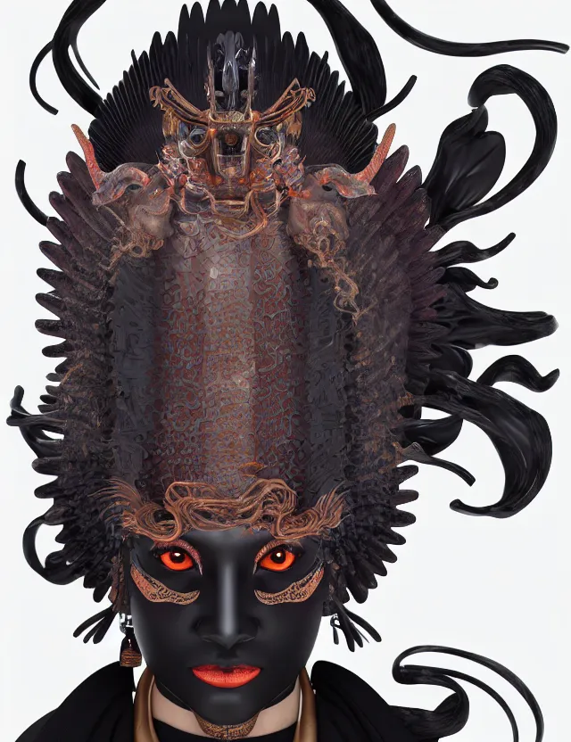 Image similar to 3 d goddess of hell close - up profile portrait with ram skull. beautiful intricately detailed japanese crow kitsune mask and clasical japanese kimono. betta fish, jellyfish phoenix, bio luminescent, plasma, ice, water, wind, creature, artwork by tooth wu and wlop and beeple and greg rutkowski