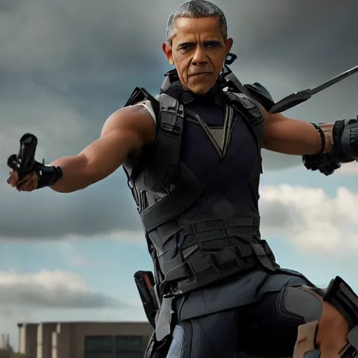 Image similar to film still of Obama as Hawkeye in Marvel’s Avengers