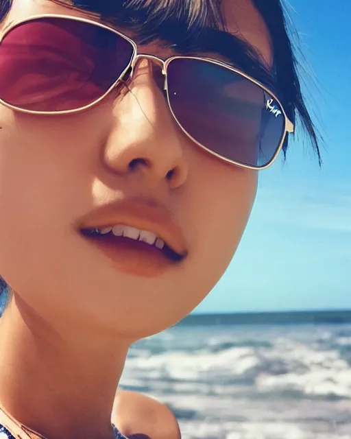 Image similar to low angle iphone HDR photo of beautiful swag Iwakura Lain as a fit slender surfer wearing rayban shades in Florida, 35mm, cinematic, trending on Instagram, trending on ArtStation, by WLOP, 8k, 4k, HD