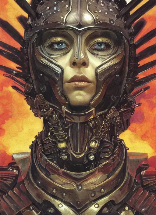 Image similar to symmetry! closeup biblical diabolical beautiful female valkyree! samurai cyborg!! slick wooden armor, heavy eyes to the side, closeup, bright glowing eyes, in clouds, rain, sunset, portrait, by gerald brom, by mikhail vrubel, by peter elson, muted colors, extreme detail, mirrors, trending on artstation, 8 k