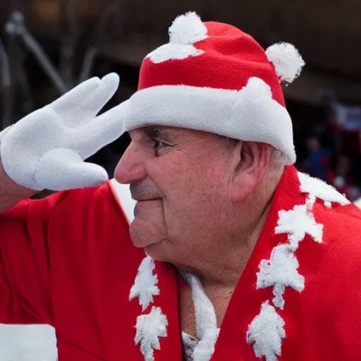 Image similar to a high quality photography of guy a lepage saluting the bonhomme carnaval