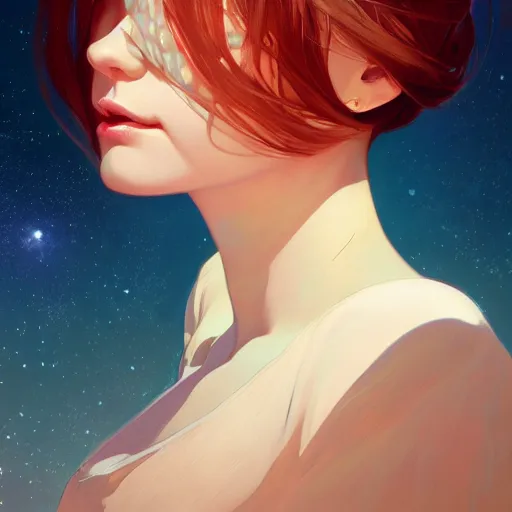 Prompt: gazing into the gorgeous face of infinity, eyes closed, ambient lighting, 4 k, lois van baarle, ilya kuvshinov, rossdraws, alphonse mucha, jung gi kim, artstation