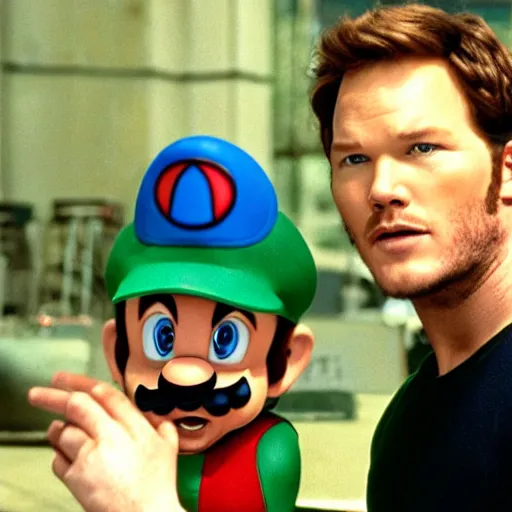 Image similar to Chris Pratt in new Mario Bros movie, 35mm film