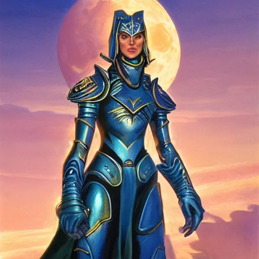 Prompt: stunningly beautiful paladin in copper plate armor who looks like young michelle pfeiffer, moonlight in the background by boris vallejo and julie bell, soft lighting, HD, elegant, intricate, masterpiece, concept art, character design