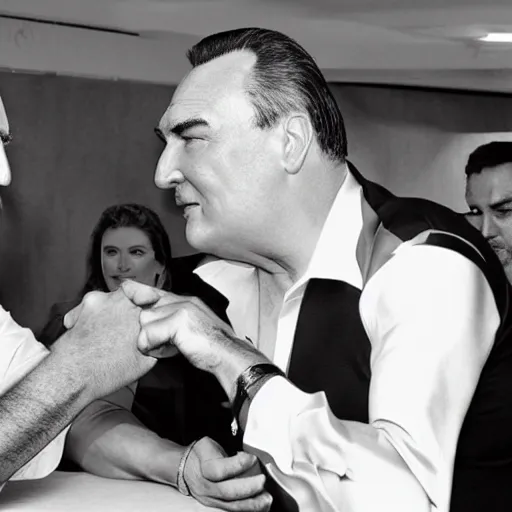 Image similar to Bertie Ahern arm wrestling Steven seagal photorealistic in the style of ansel adams