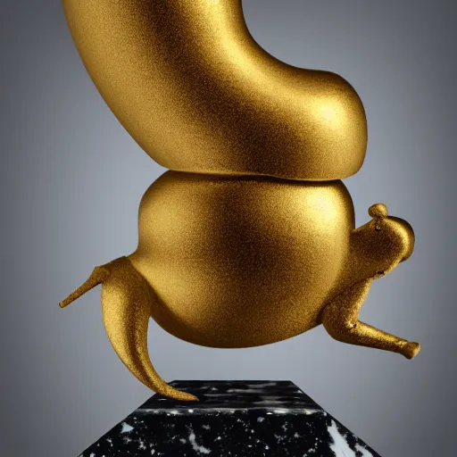 Image similar to golden snail award trophy on top of a marble pillar, white background, soft lighting